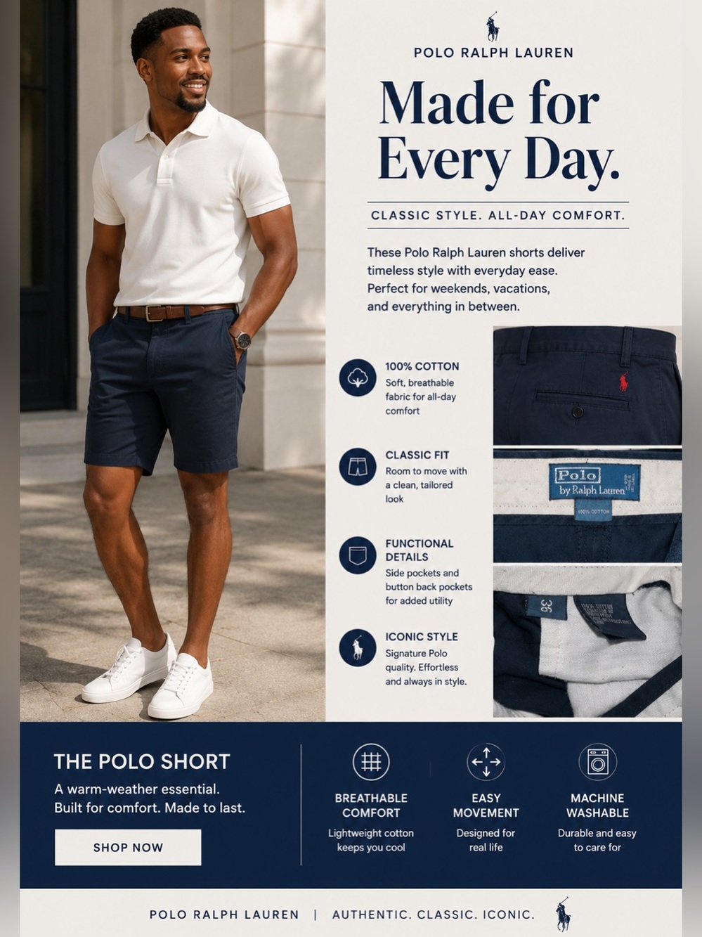 Ralph Lauren Men’s Navy Flat-Front Polo Shorts size 36